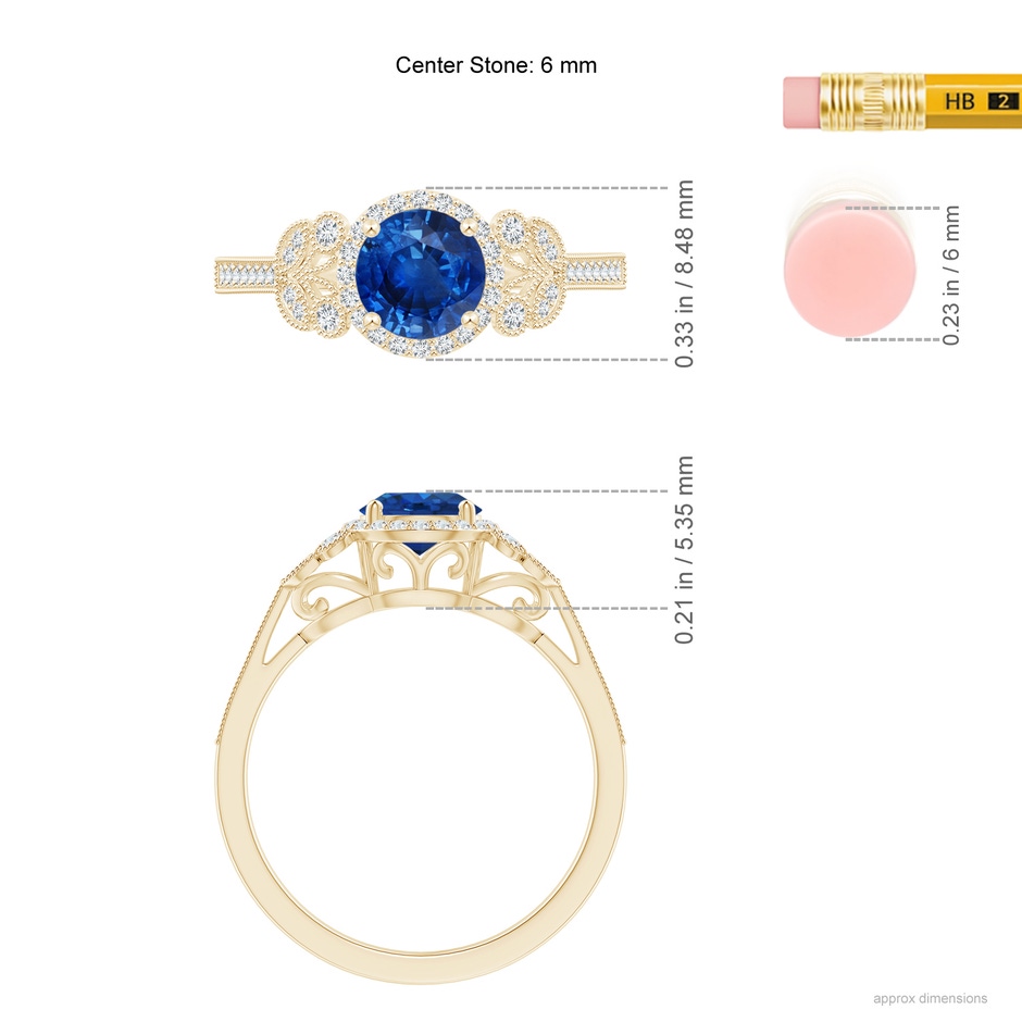 6mm AAA Aeon Vintage Style Sapphire Halo Leaf & Vine Engagement Ring with Milgrain in Yellow Gold ruler
