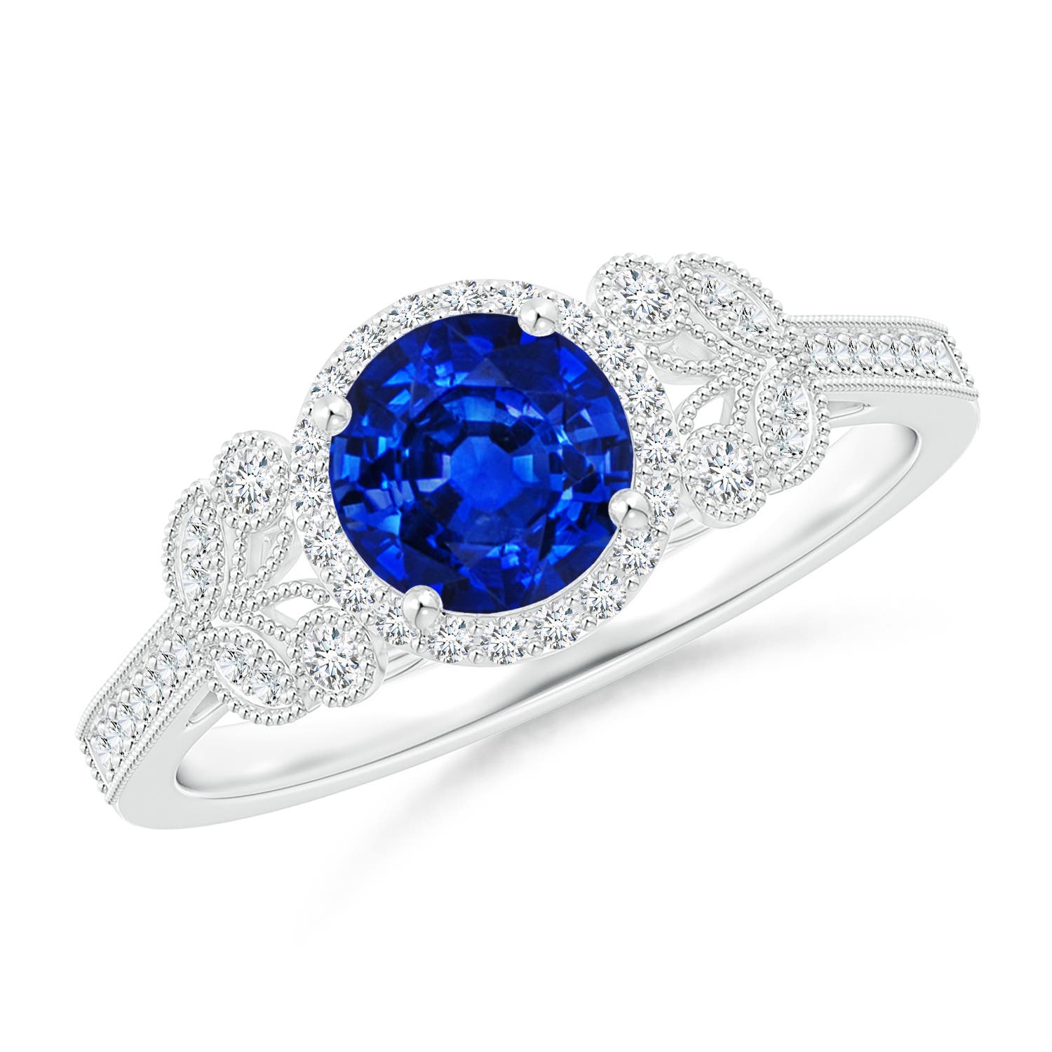 6mm AAAA Aeon Vintage Style Sapphire Halo Leaf & Vine Engagement Ring with Milgrain in 18K White Gold