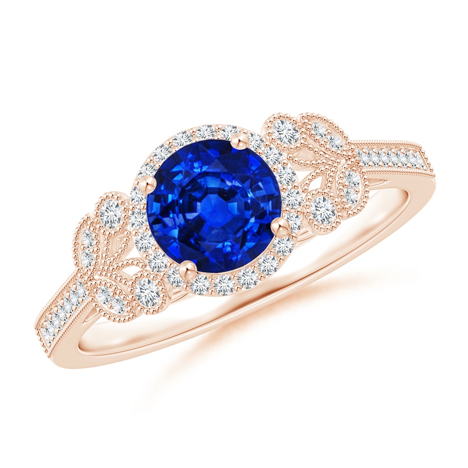 6mm AAAA Aeon Vintage Style Sapphire Halo Leaf & Vine Engagement Ring with Milgrain in Rose Gold 