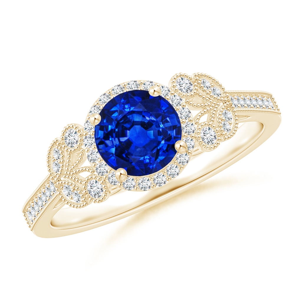 6mm AAAA Aeon Vintage Style Sapphire Halo Leaf & Vine Engagement Ring with Milgrain in Yellow Gold