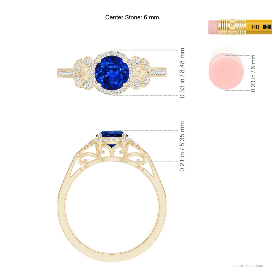 6mm AAAA Aeon Vintage Style Sapphire Halo Leaf & Vine Engagement Ring with Milgrain in Yellow Gold ruler