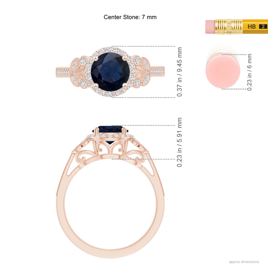7mm A Aeon Vintage Style Sapphire Halo Leaf & Vine Engagement Ring with Milgrain in 18K Rose Gold ruler