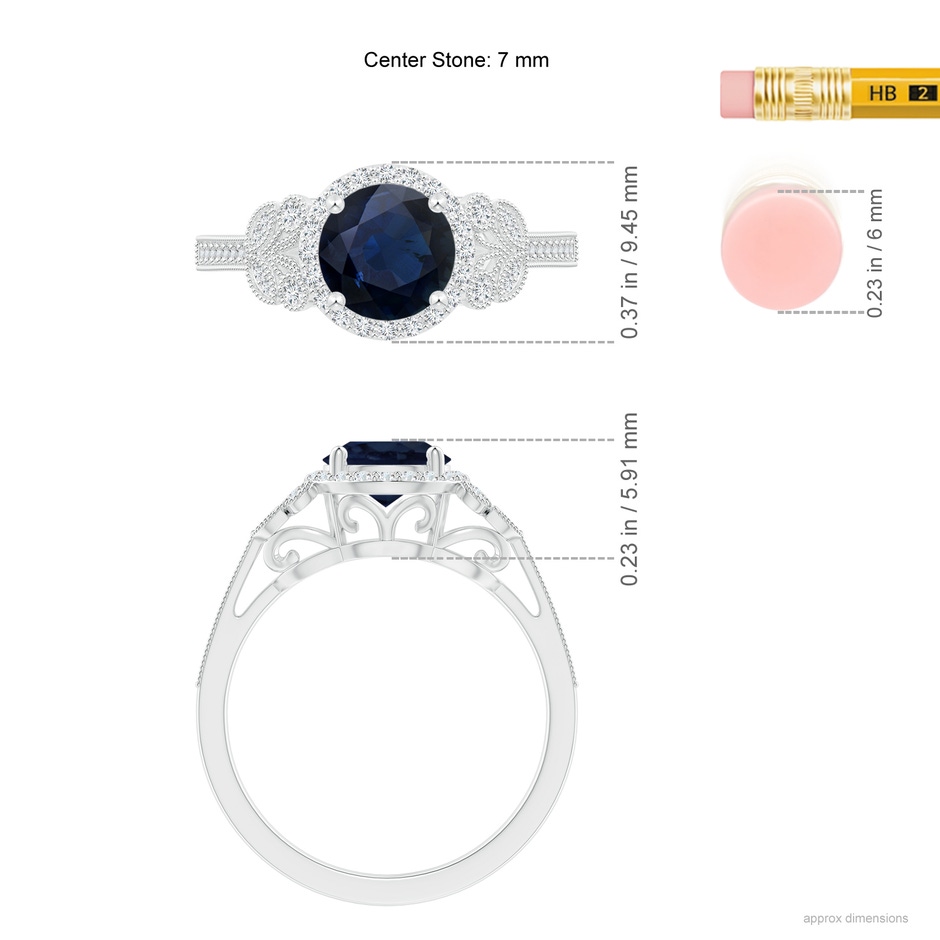 7mm A Aeon Vintage Style Sapphire Halo Leaf & Vine Engagement Ring with Milgrain in White Gold ruler