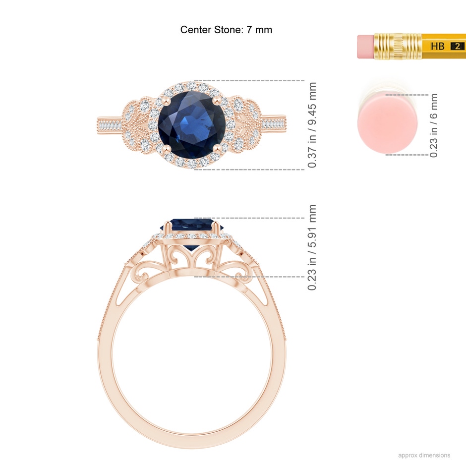 7mm AA Aeon Vintage Style Sapphire Halo Leaf & Vine Engagement Ring with Milgrain in Rose Gold ruler