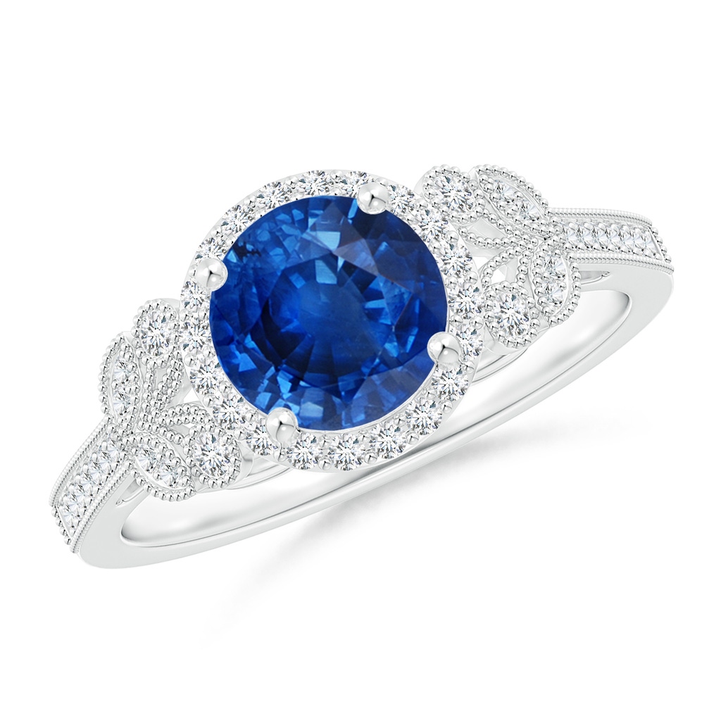 7mm AAA Aeon Vintage Style Sapphire Halo Leaf & Vine Engagement Ring with Milgrain in White Gold