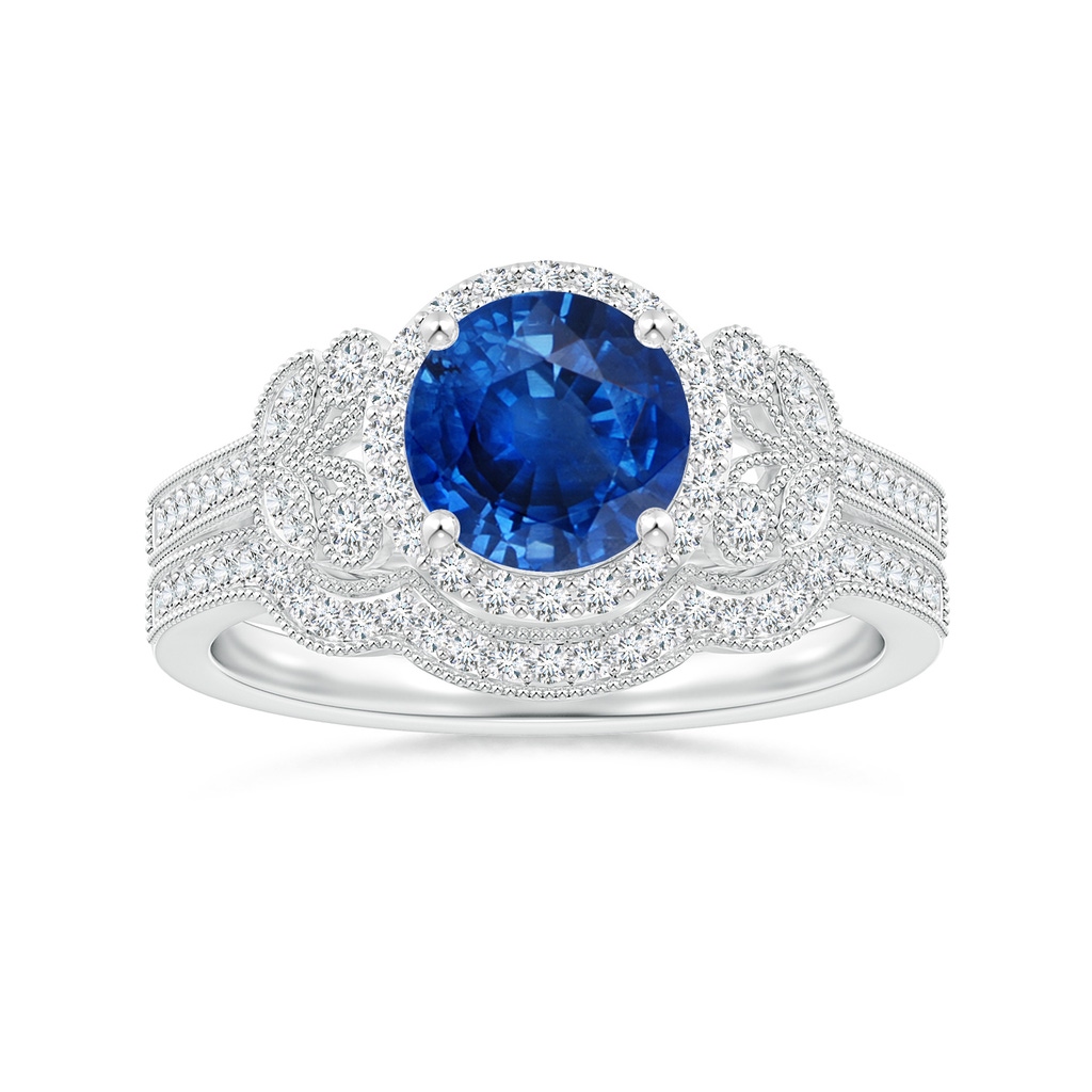 7mm AAA Aeon Vintage Style Sapphire Halo Leaf & Vine Engagement Ring with Milgrain in White Gold Side-3