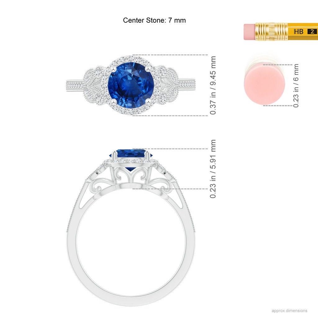 7mm AAA Aeon Vintage Style Sapphire Halo Leaf & Vine Engagement Ring with Milgrain in White Gold Ruler