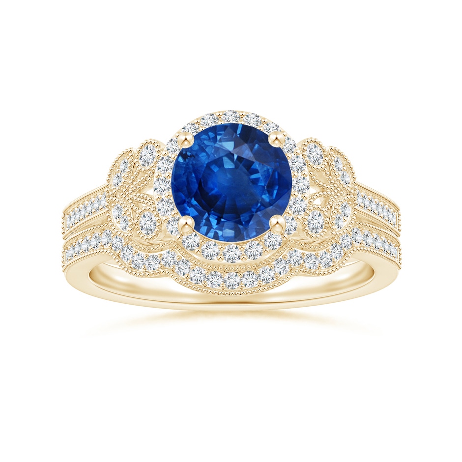 7mm AAA Aeon Vintage Style Sapphire Halo Leaf & Vine Engagement Ring with Milgrain in Yellow Gold side-3