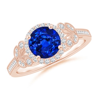 7mm AAAA Aeon Vintage Style Sapphire Halo Leaf & Vine Engagement Ring with Milgrain in 18K Rose Gold