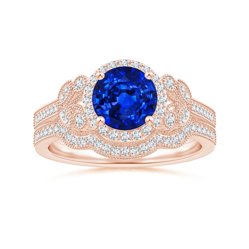 7mm AAAA Aeon Vintage Style Sapphire Halo Leaf & Vine Engagement Ring with Milgrain in 18K Rose Gold Side-3