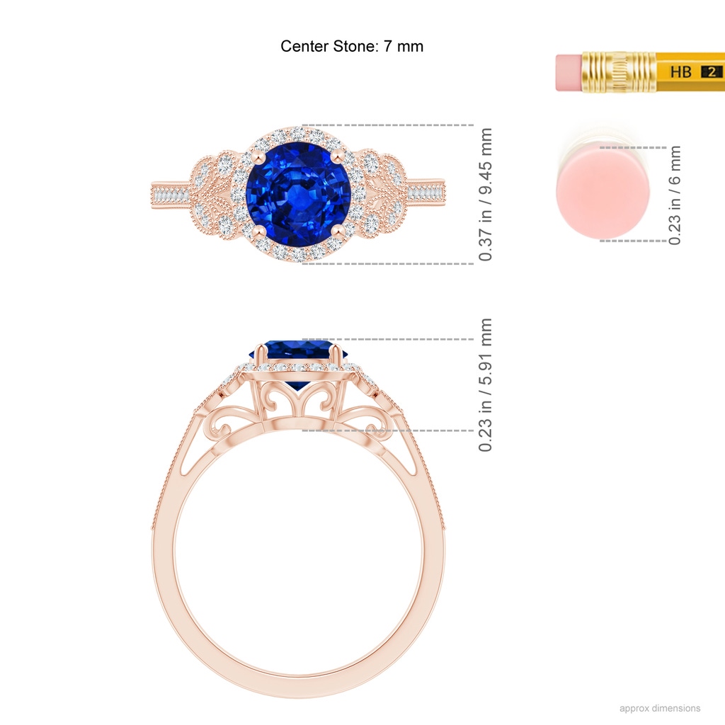 7mm AAAA Aeon Vintage Style Sapphire Halo Leaf & Vine Engagement Ring with Milgrain in 18K Rose Gold Ruler