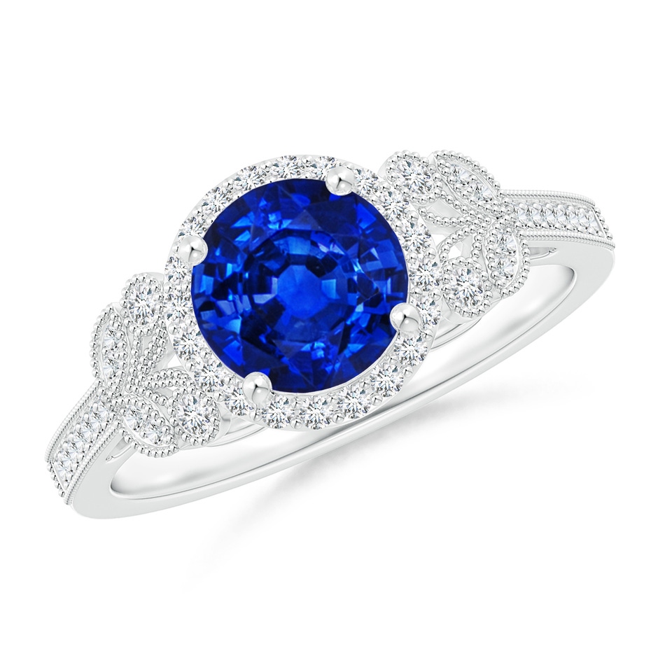 7mm Lab-Grown Aeon Vintage Style Sapphire Halo Leaf & Vine Engagement Ring with Milgrain in White Gold 