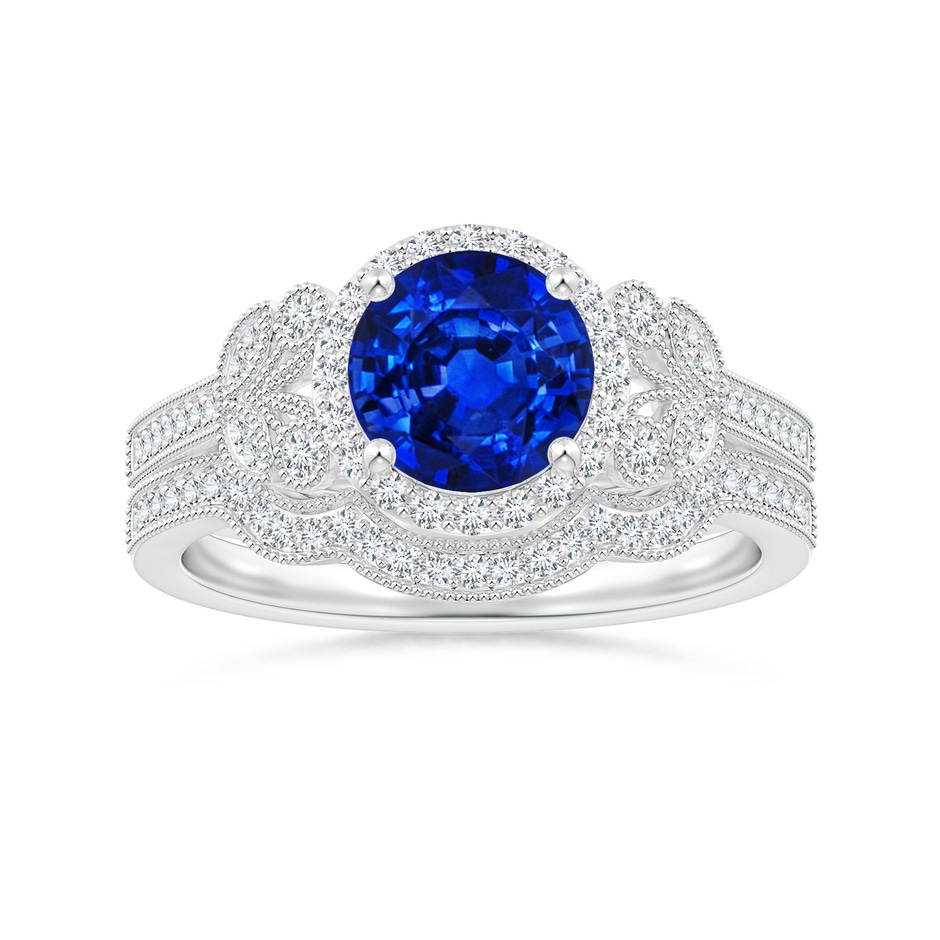 7mm Lab-Grown Aeon Vintage Style Sapphire Halo Leaf & Vine Engagement Ring with Milgrain in White Gold side-3