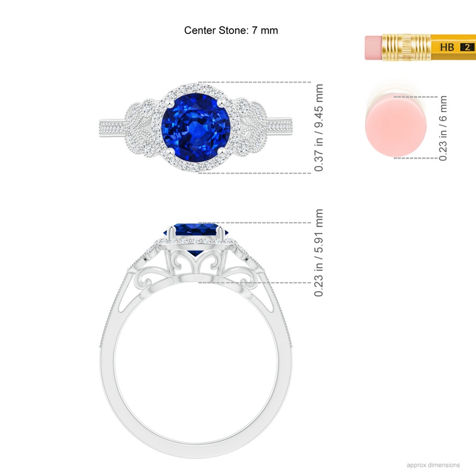 7mm Lab-Grown Aeon Vintage Style Sapphire Halo Leaf & Vine Engagement Ring with Milgrain in White Gold ruler