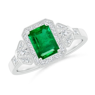 7x5mm AAA Aeon Vintage Style Emerald-Cut Emerald Halo Engagement Ring with Milgrain in White Gold