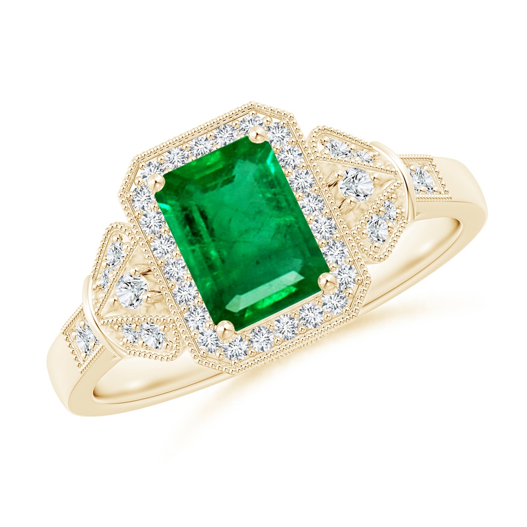 7x5mm AAA Aeon Vintage Style Emerald-Cut Emerald Halo Engagement Ring with Milgrain in Yellow Gold