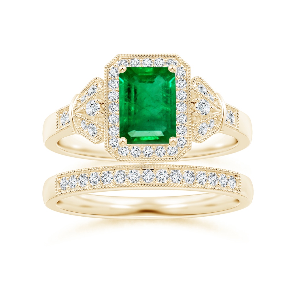 7x5mm AAA Aeon Vintage Style Emerald-Cut Emerald Halo Engagement Ring with Milgrain in Yellow Gold Side-3