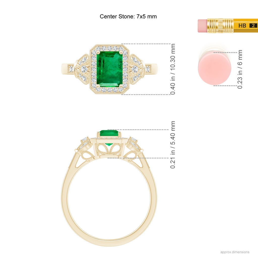 7x5mm AAA Aeon Vintage Style Emerald-Cut Emerald Halo Engagement Ring with Milgrain in Yellow Gold Ruler