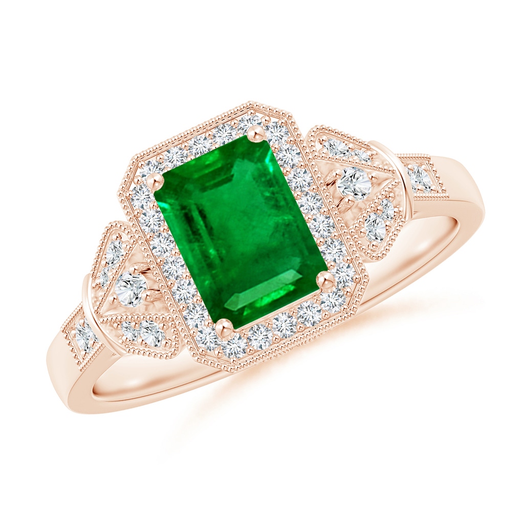 7x5mm AAAA Aeon Vintage Style Emerald-Cut Emerald Halo Engagement Ring with Milgrain in Rose Gold