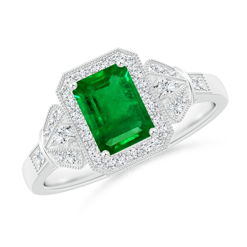 7x5mm AAAA Aeon Vintage Style Emerald-Cut Emerald Halo Engagement Ring with Milgrain in White Gold