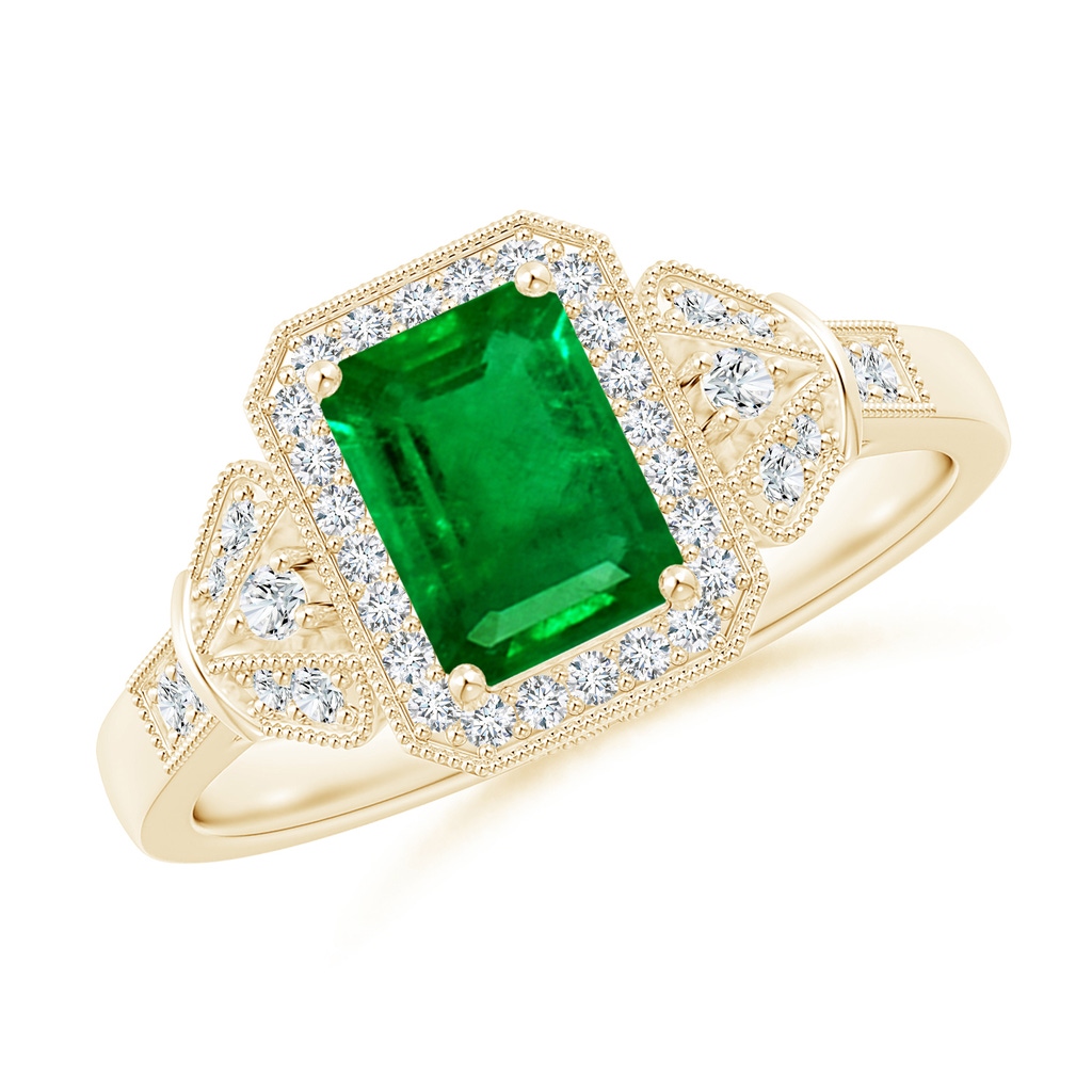 7x5mm AAAA Aeon Vintage Style Emerald-Cut Emerald Halo Engagement Ring with Milgrain in Yellow Gold