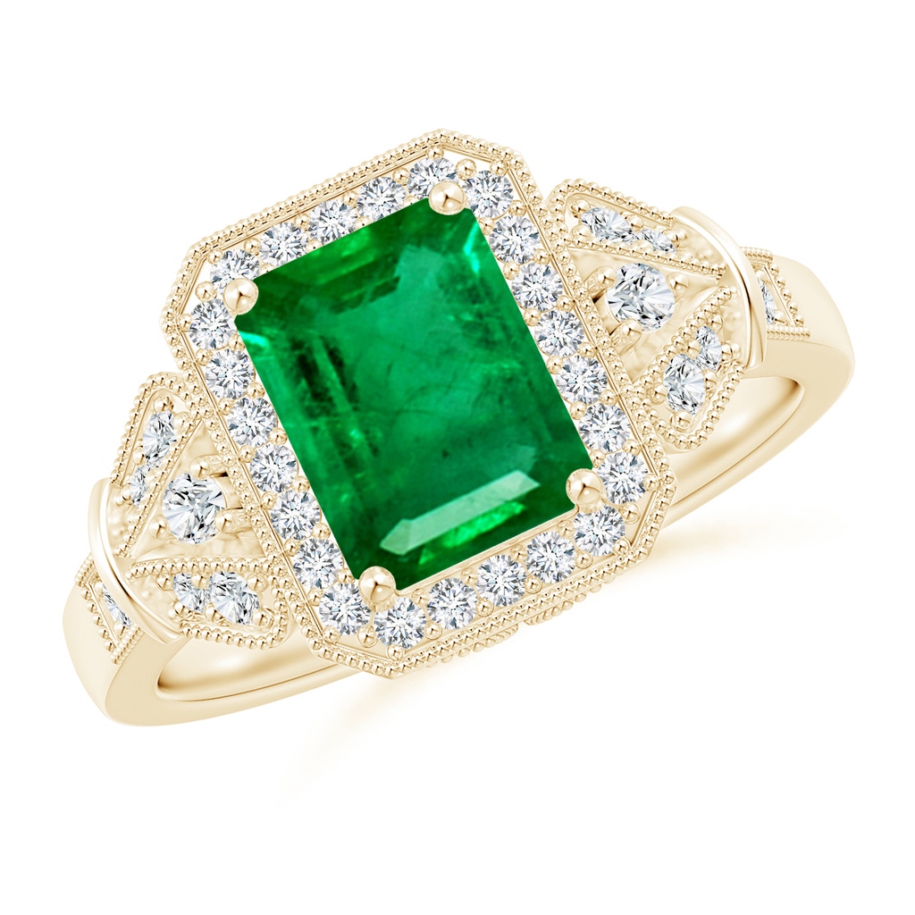 8x6mm AAA Aeon Vintage Style Emerald-Cut Emerald Halo Engagement Ring with Milgrain in Yellow Gold