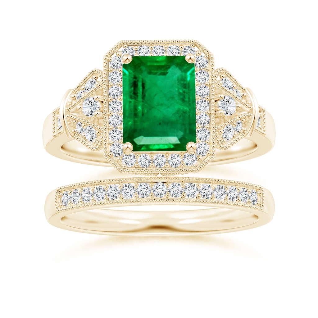 8x6mm AAA Aeon Vintage Style Emerald-Cut Emerald Halo Engagement Ring with Milgrain in Yellow Gold Side-3