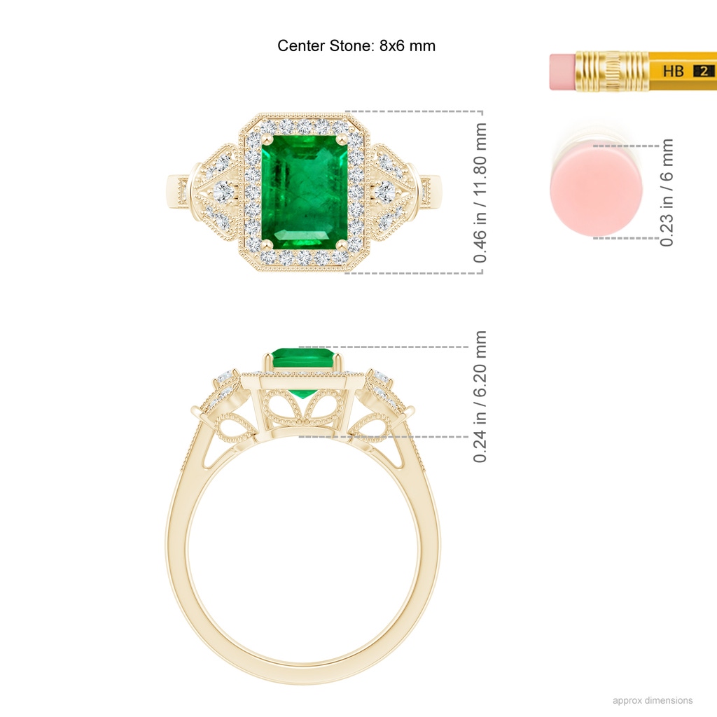 8x6mm AAA Aeon Vintage Style Emerald-Cut Emerald Halo Engagement Ring with Milgrain in Yellow Gold Ruler