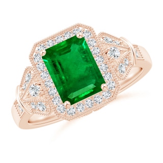 8x6mm AAAA Aeon Vintage Style Emerald-Cut Emerald Halo Engagement Ring with Milgrain in 10K Rose Gold