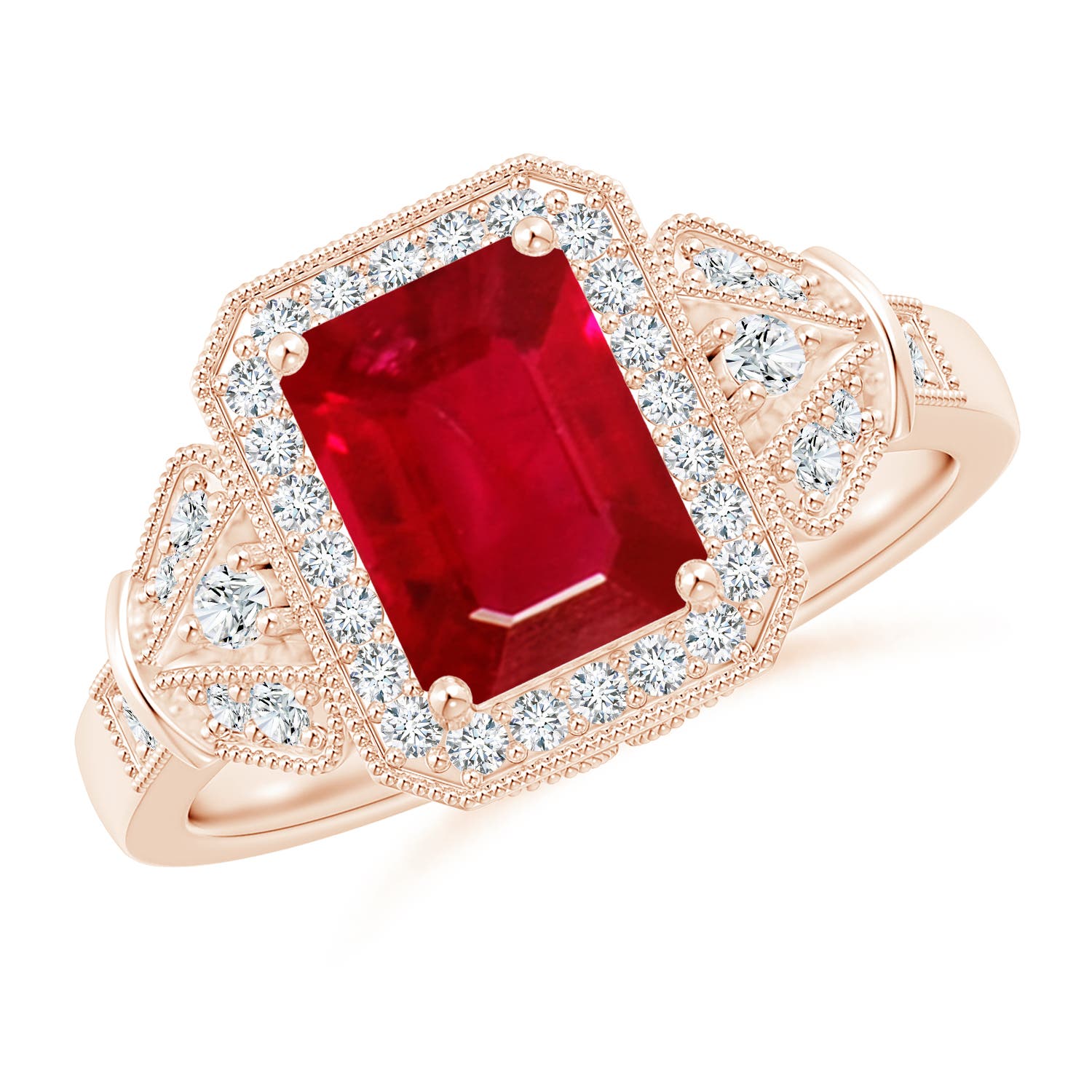 Aeon Vintage Style Emerald-Cut Ruby Halo Engagement Ring with Milgrain