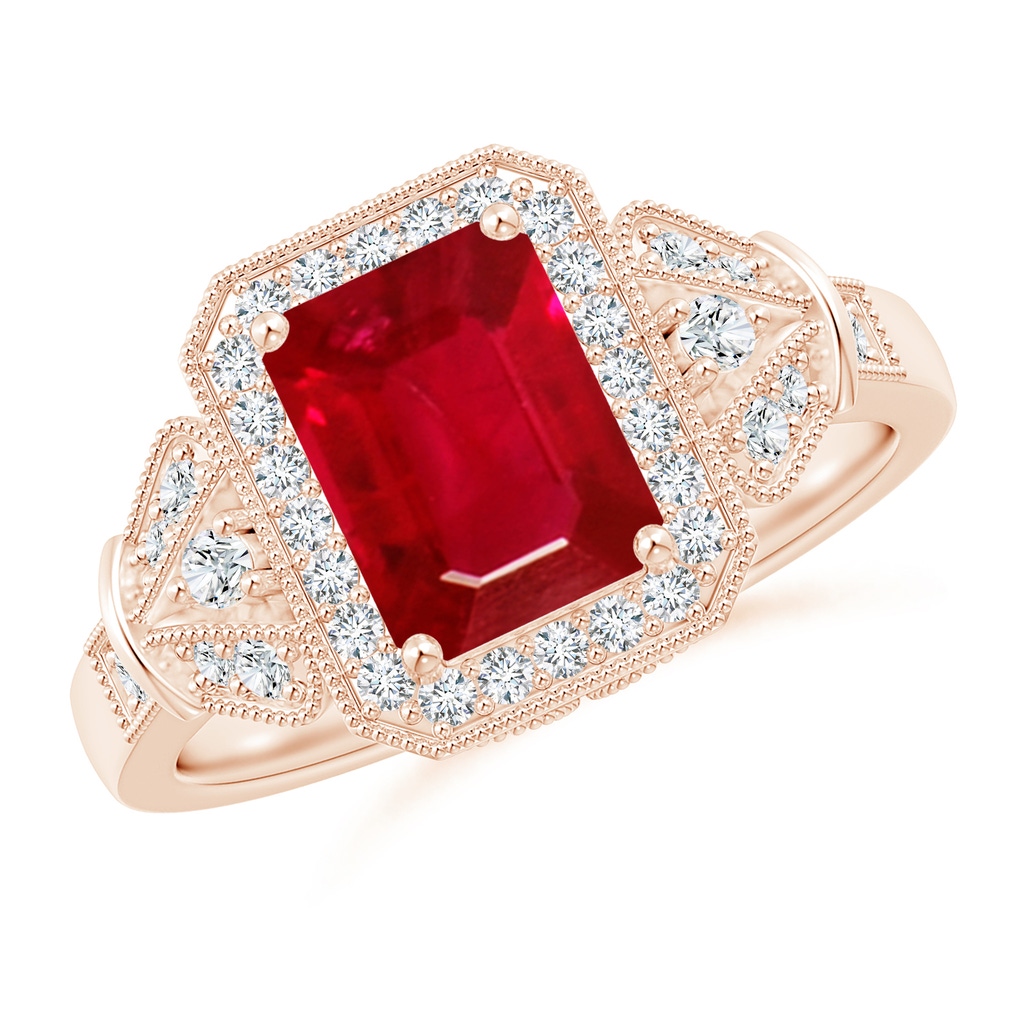 8x6mm AAA Aeon Vintage Style Emerald-Cut Ruby Halo Engagement Ring with Milgrain in Rose Gold