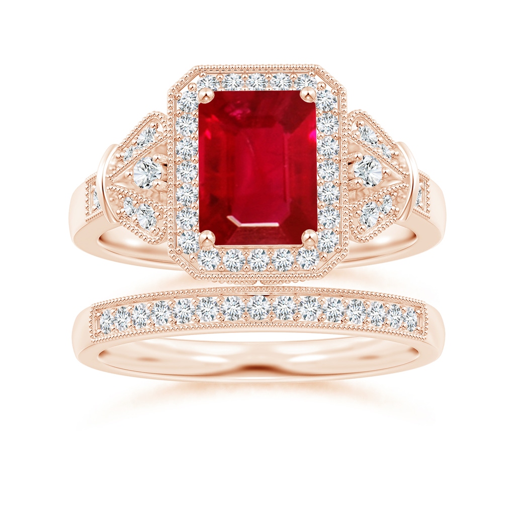 8x6mm AAA Aeon Vintage Style Emerald-Cut Ruby Halo Engagement Ring with Milgrain in Rose Gold Side-3