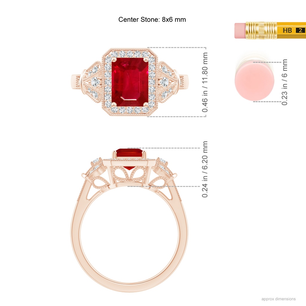 8x6mm AAA Aeon Vintage Style Emerald-Cut Ruby Halo Engagement Ring with Milgrain in Rose Gold Ruler
