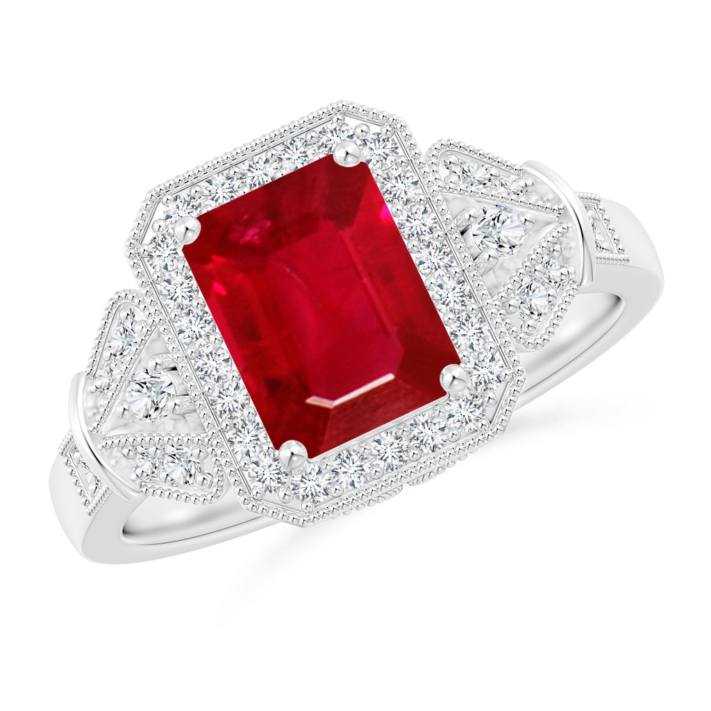 8x6mm AAA Aeon Vintage Style Emerald-Cut Ruby Halo Engagement Ring with Milgrain in White Gold