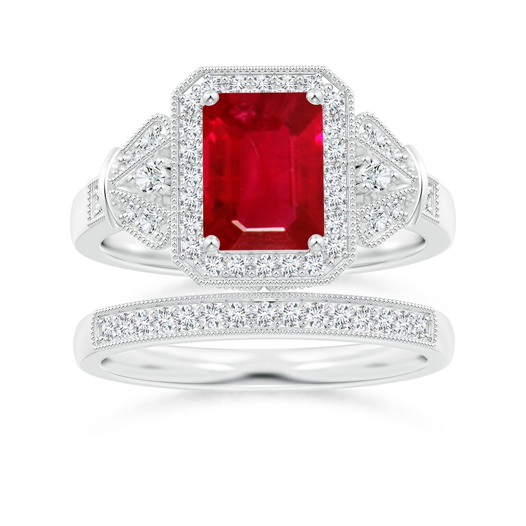 8x6mm AAA Aeon Vintage Style Emerald-Cut Ruby Halo Engagement Ring with Milgrain in White Gold Side-3