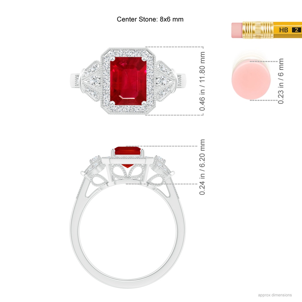 8x6mm AAA Aeon Vintage Style Emerald-Cut Ruby Halo Engagement Ring with Milgrain in White Gold Ruler
