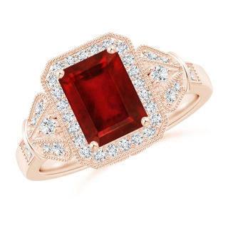8x6mm AAAA Aeon Vintage Style Emerald-Cut Ruby Halo Engagement Ring with Milgrain in Rose Gold
