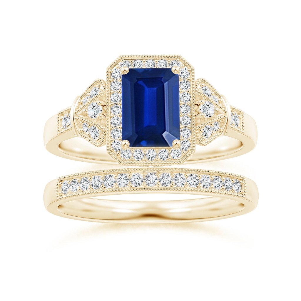 7x5mm AAAA Aeon Vintage Style Emerald-Cut Sapphire Halo Engagement Ring with Milgrain in Yellow Gold Side-3