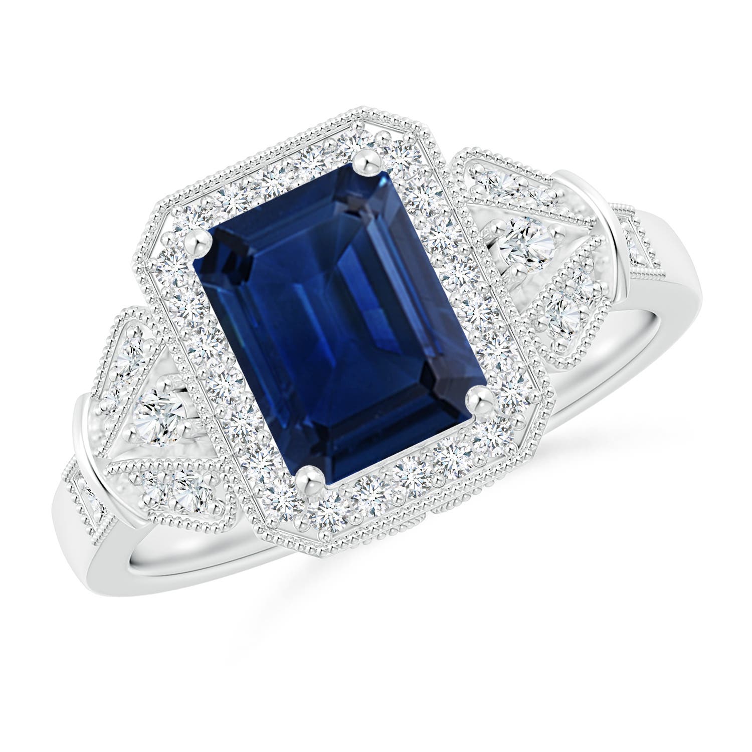Aeon Vintage Style Emerald-Cut Sapphire Halo Engagement Ring with Milgrain