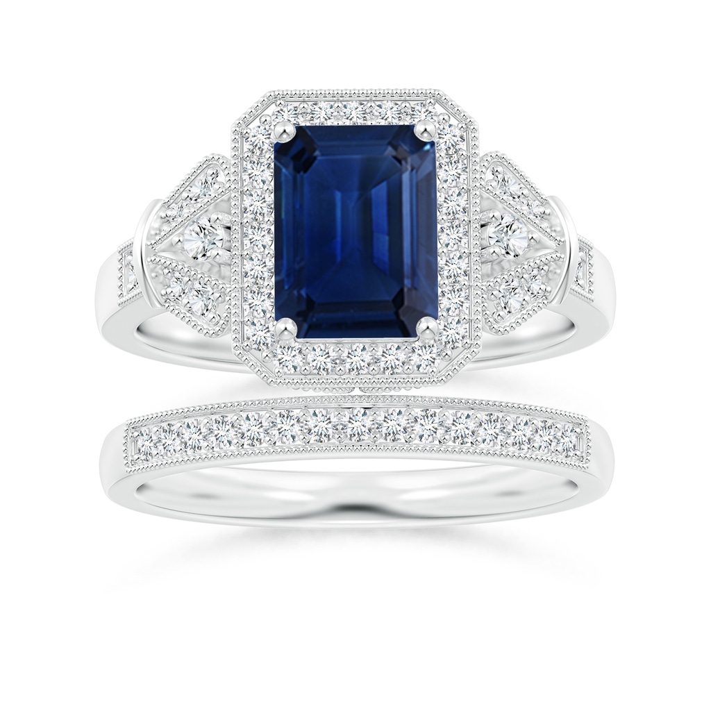 8x6mm AAA Aeon Vintage Style Emerald-Cut Sapphire Halo Engagement Ring with Milgrain in White Gold Side-3