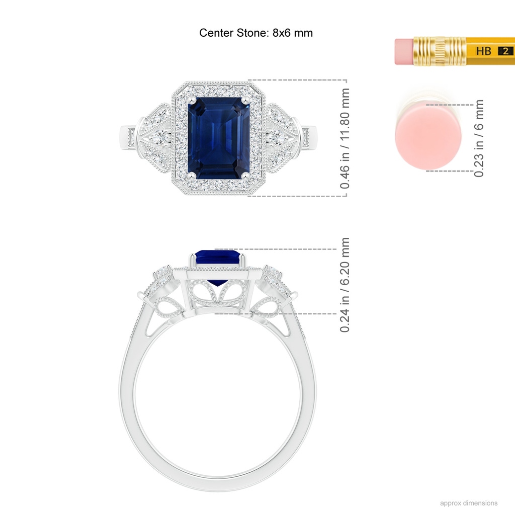 8x6mm AAA Aeon Vintage Style Emerald-Cut Sapphire Halo Engagement Ring with Milgrain in White Gold Ruler