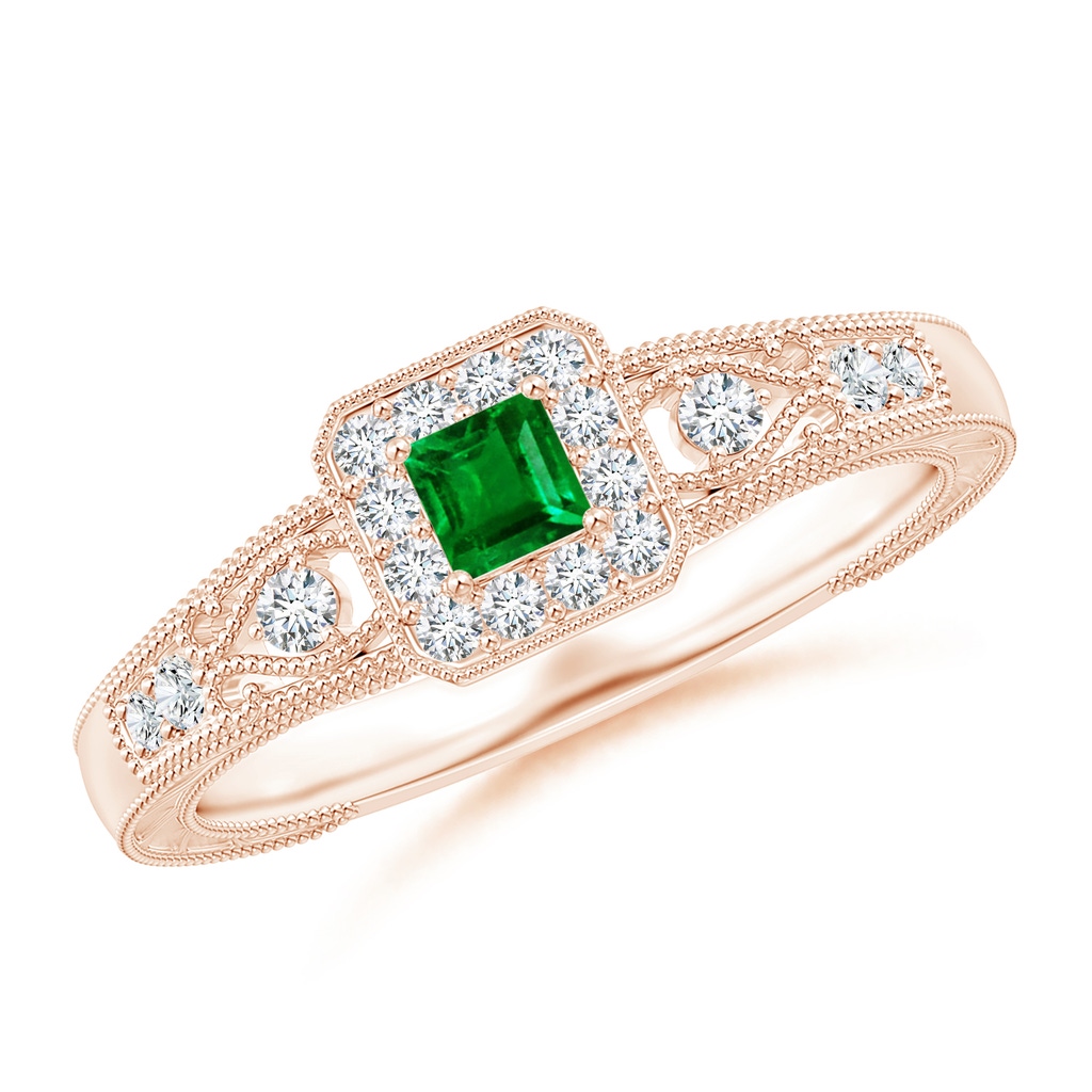 3mm AAAA Aeon Vintage Inspired Square Emerald and Diamond Halo Engagement Ring with Milgrain in Rose Gold