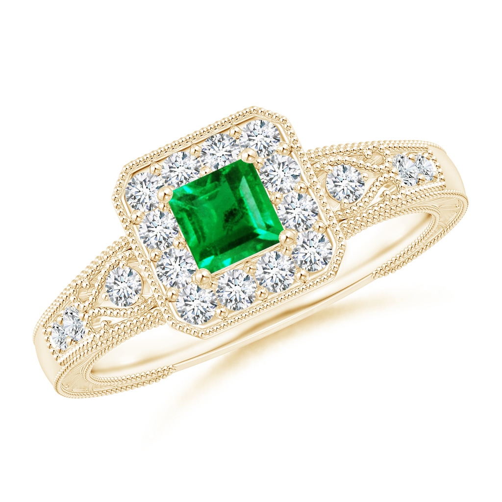 4mm AAA Aeon Vintage Inspired Square Emerald and Diamond Halo Engagement Ring with Milgrain in Yellow Gold