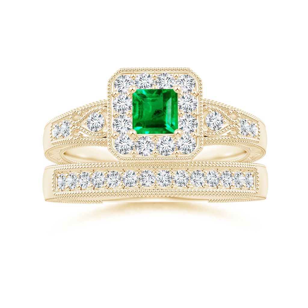 4mm AAA Aeon Vintage Inspired Square Emerald and Diamond Halo Engagement Ring with Milgrain in Yellow Gold Side-3