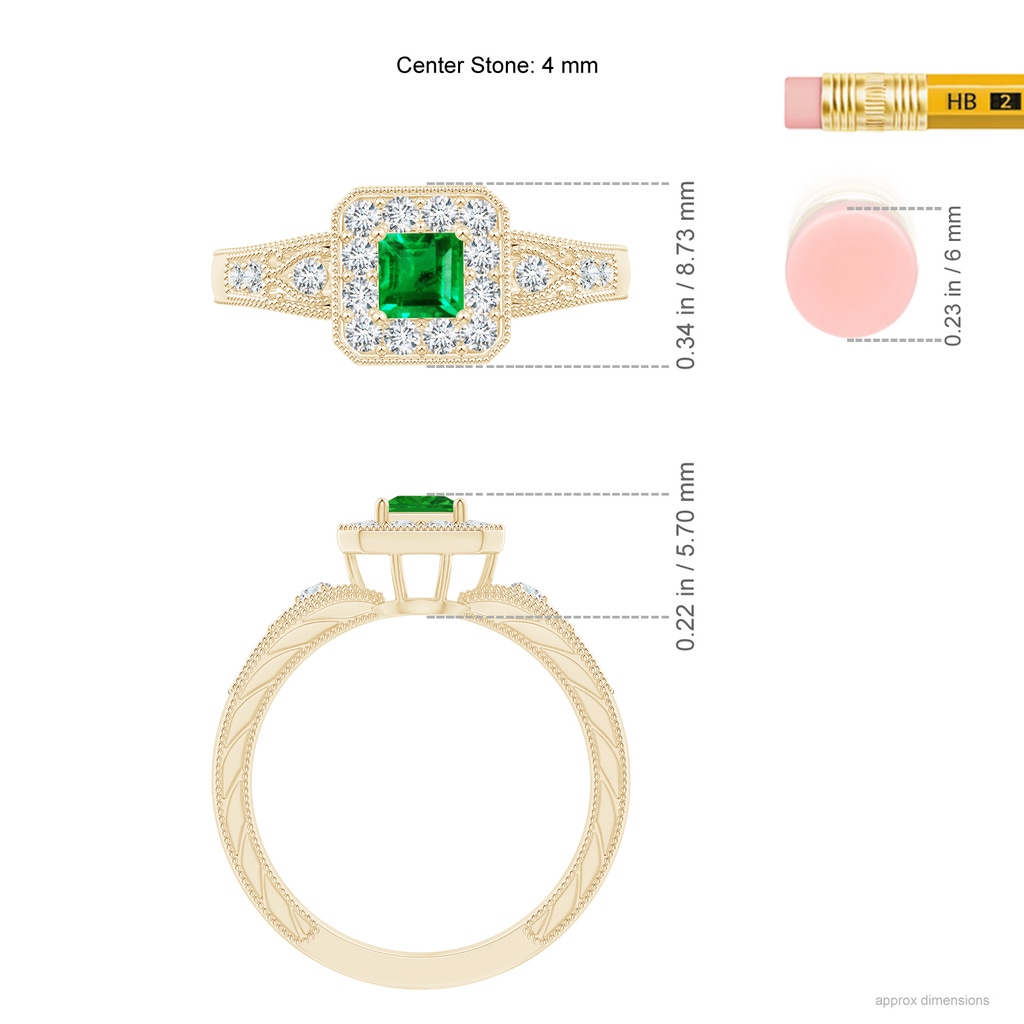 4mm AAA Aeon Vintage Inspired Square Emerald and Diamond Halo Engagement Ring with Milgrain in Yellow Gold Ruler