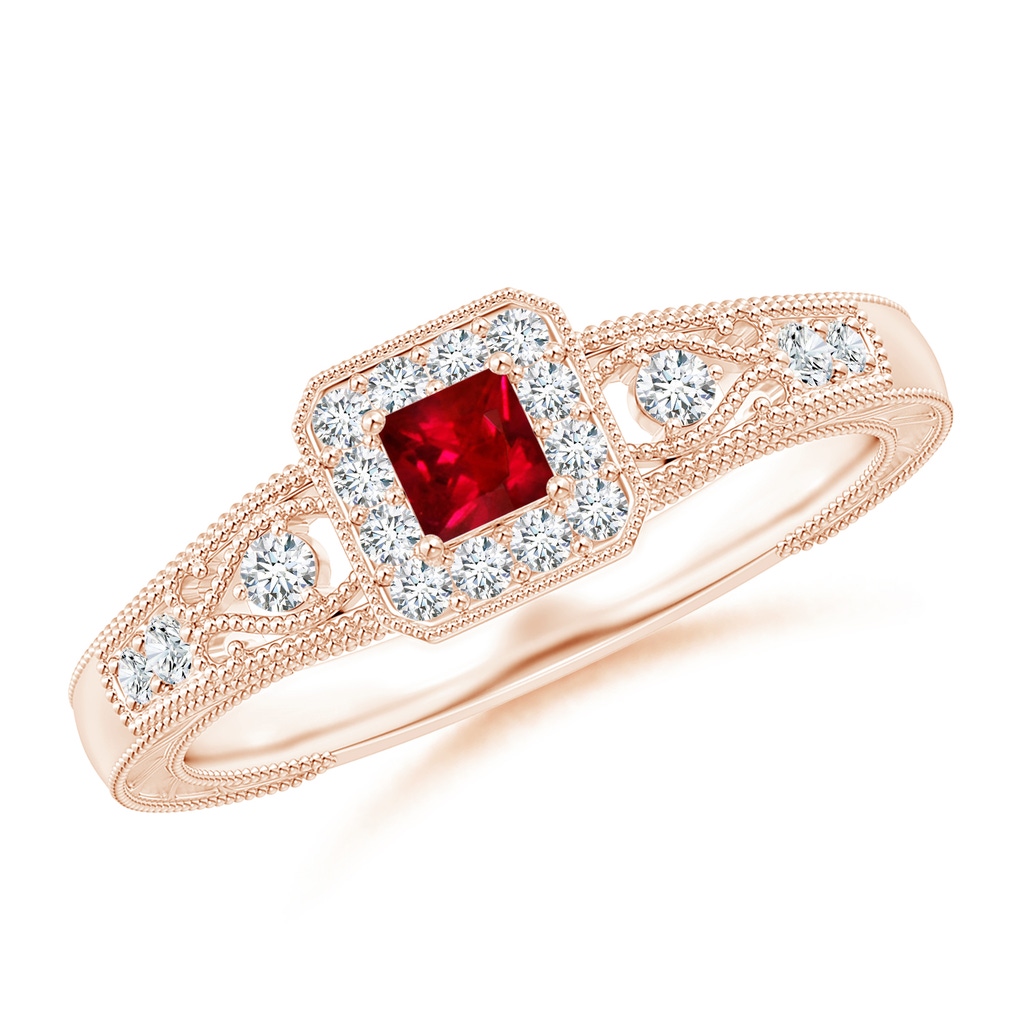 3mm AAAA Aeon Vintage Inspired Square Ruby and Diamond Halo Engagement Ring with Milgrain in Rose Gold