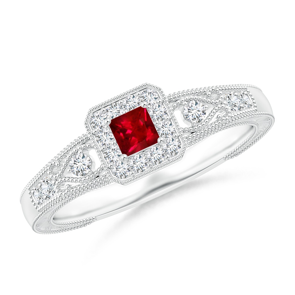3mm AAAA Aeon Vintage Inspired Square Ruby and Diamond Halo Engagement Ring with Milgrain in White Gold