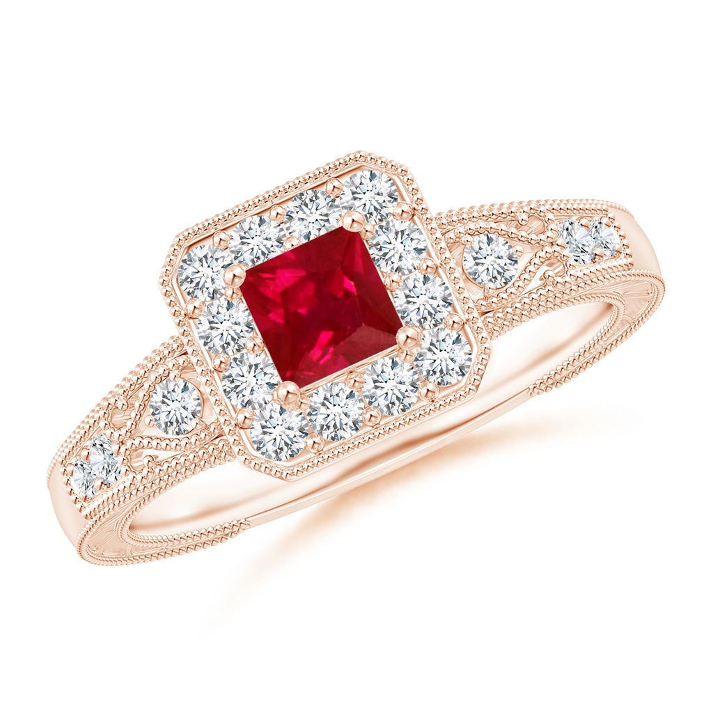 4mm AAA Aeon Vintage Inspired Square Ruby and Diamond Halo Engagement Ring with Milgrain in Rose Gold