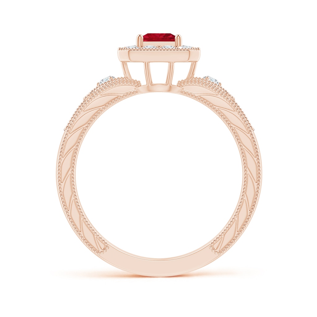 4mm AAA Aeon Vintage Inspired Square Ruby and Diamond Halo Engagement Ring with Milgrain in Rose Gold Side-1