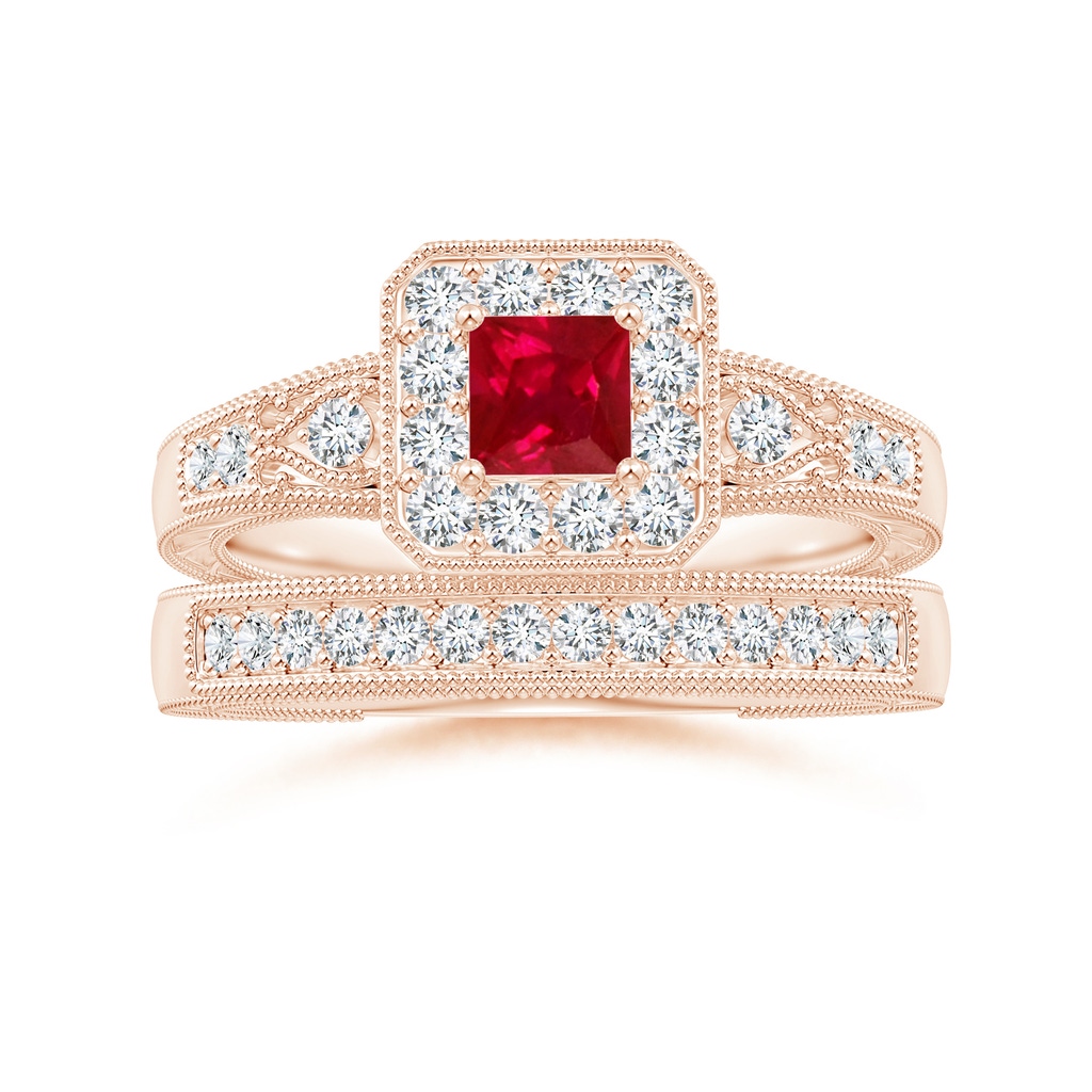 4mm AAA Aeon Vintage Inspired Square Ruby and Diamond Halo Engagement Ring with Milgrain in Rose Gold Side-3